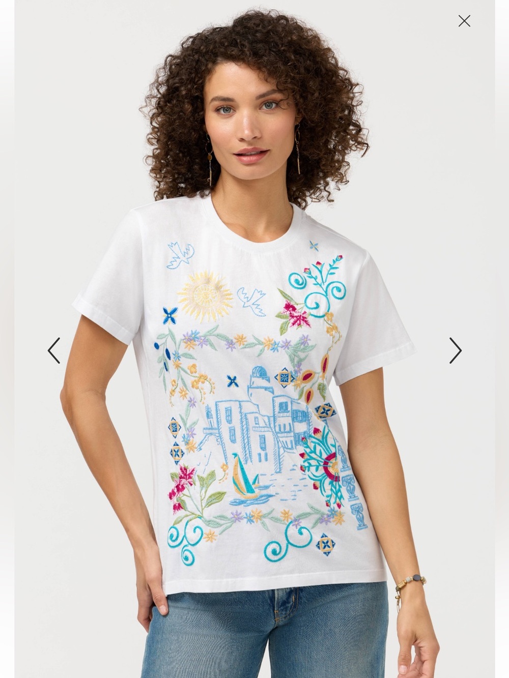 Johnny Was Santorini Crew Neck Tee White Embroidered Size Small NWT